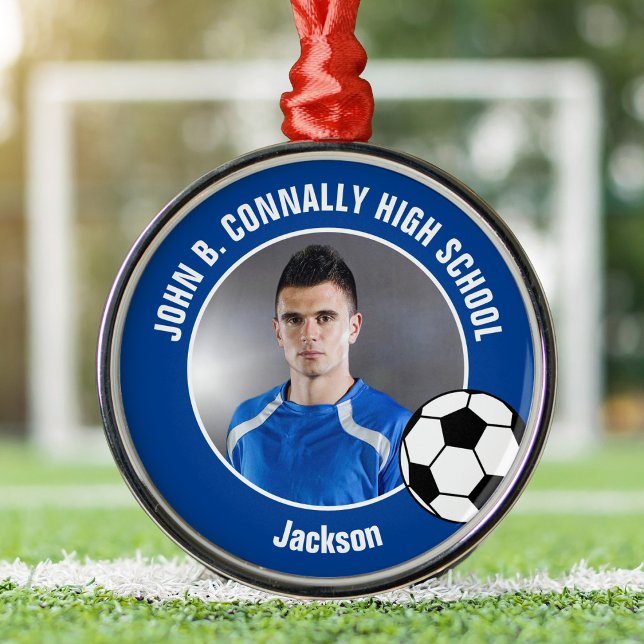 Ornamento De Metal Blue Soccer Player Photo High School Christmas (Criador carregado)