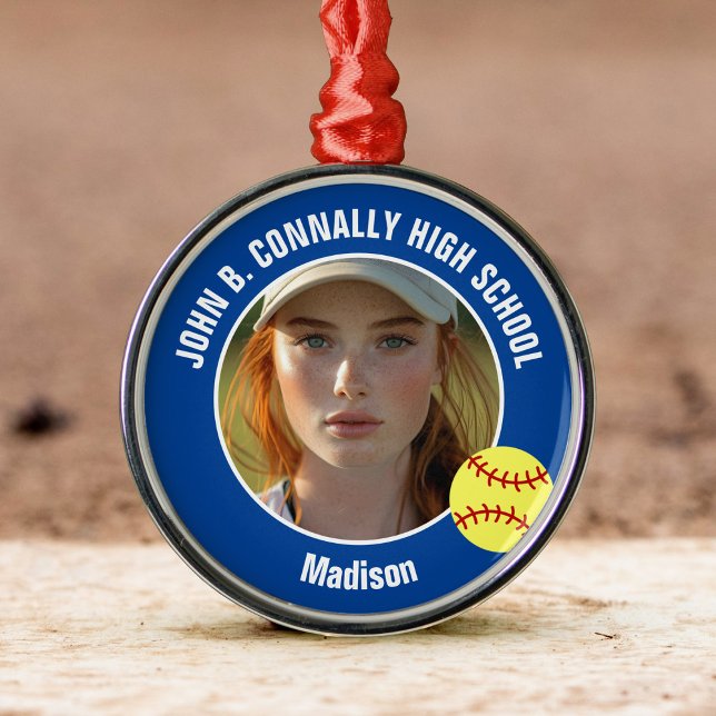 Ornamento De Metal Blue Softball Player Photo High School Christmas (Criador carregado)