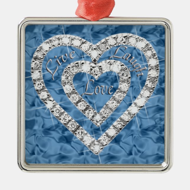 Ornamento De Metal Blue Square Live Laugh Love Diamond Hearnament (Frente)
