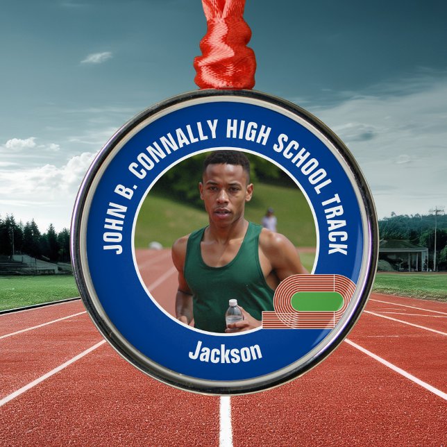 Ornamento De Metal Blue Track & Field Photo High School Christmas (Criador carregado)