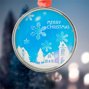 Ornamento De Metal Blue White Snow House Feliz Natal