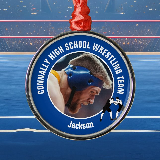 Ornamento De Metal Blue Wrestling Team Photo Wrestler Christmas (Criador carregado)