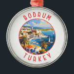 Ornamento De Metal Bodrum Turquia Círculo Retrovisso<br><div class="desc">Bodrum retro vetor viagem design. Bodrum é uma cidade na Península de Bodrum,  que se estende da costa sudoeste da Turquia para o Mar Egeu. A cidade apresenta baías gêmeas com vistas do Castelo de Bodrum.</div>