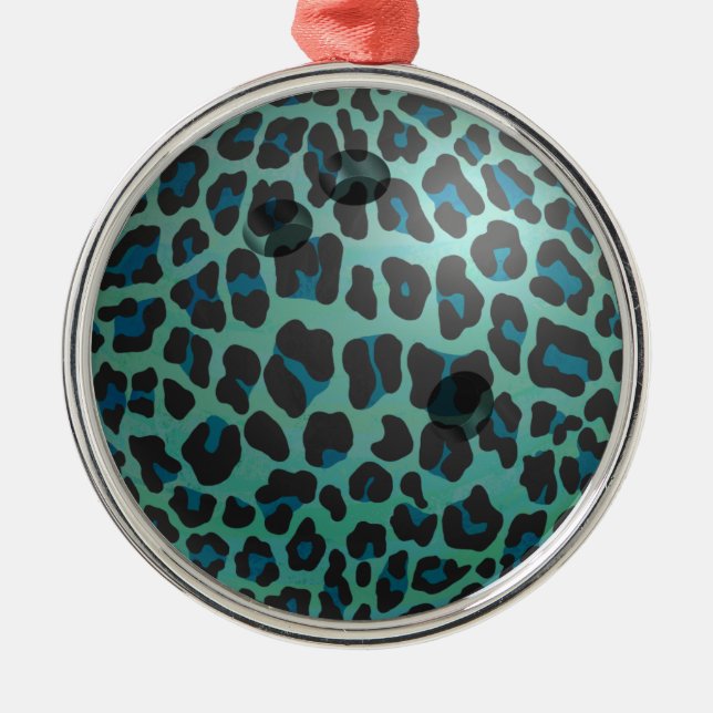 Ornamento De Metal Bola de boliche Leopard Teal (Frente)