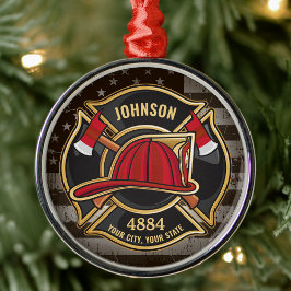 Ornamento De Metal Bombeiro NOME Fireman Fire Department USA Flag