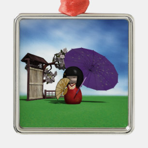 Ornamento De Metal Boneca Kokeshi Japonesa Arte de Flor de Cerejeira