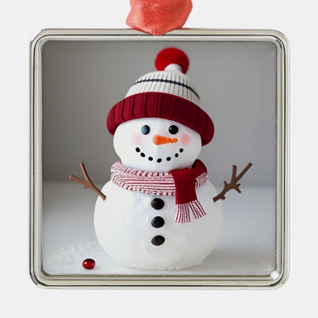 Ornamento De Metal Boneco de neve com chapéu fofo (Frente)