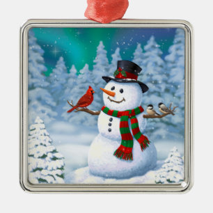 Ornamento De Metal Boneco de Neve Feliz Natal & Pássaros Cena de Inve