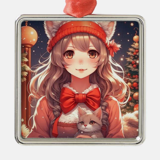 Ornamento De Metal Bonito Menina de Animação segurando Natal de Kitte (Frente)