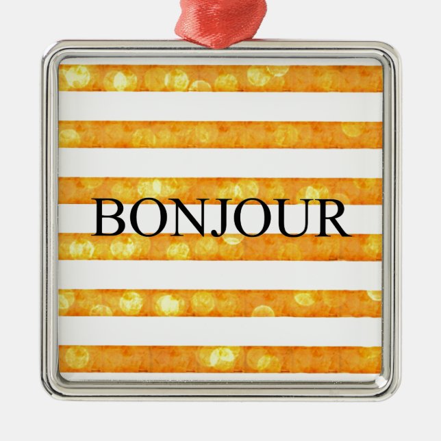 Ornamento De Metal Bonjour Orange Stripe Bokeh (Frente)