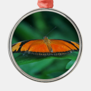 Ornamento De Metal Borboleta Laranja Brilhante e Preta na Folha