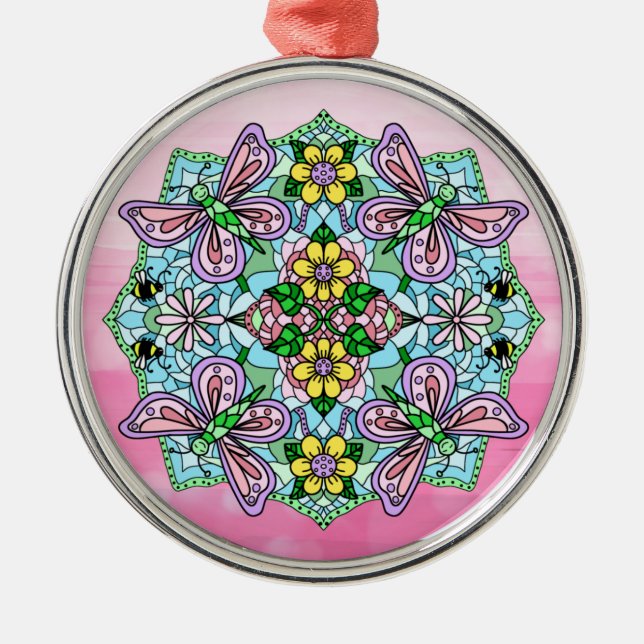 Ornamento De Metal Borboletas rosa Mandala Natal (Frente)