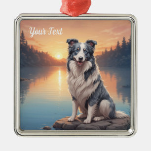 Ornamento De Metal Border Collie Blue Merle junto ao lago