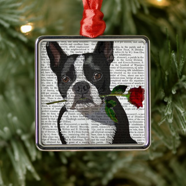 Ornamento De Metal Boston Terrier com Rosa em Boca (Árvore)