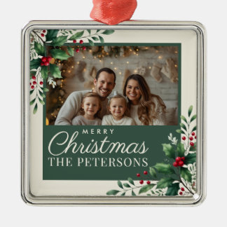 Ornamento De Metal Botanical Cream Custom Photo Christmas Ornament