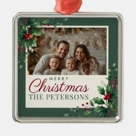 Ornamento De Metal Botanical Green Custom Photo Christmas Ornament