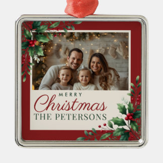 Ornamento De Metal Botanical Red Custom Photo Christmas Ornament