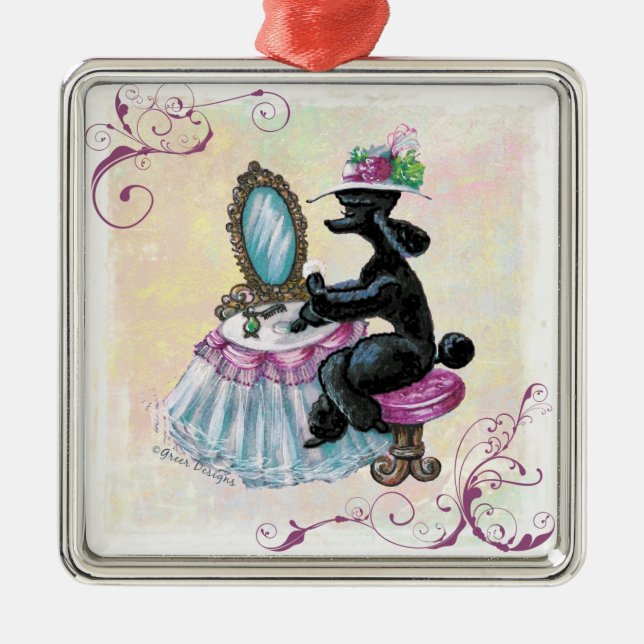 Ornamento De Metal Boudoir Retro de Poodle Preto (Frente)