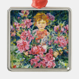 Ornamento De Metal Boy With Red Peony Flowers (por Robert Reid)