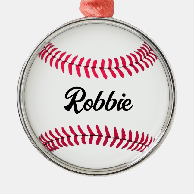 Ornamento De Metal Branco vermelho de baseball personalizado (Frente)