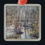 Ornamento De Metal Branson Fall Creek Winter Snow Painterly Ornament<br><div class="desc">Ornamento Inspiracional com verso bíblia: E deixe a paz de Deus governar em seus corações. Colossianos 3:15 e uma pintura de uma cena de época russa de inverno arborizada durante uma queda de neve ao longo de Fall Creek em Branson Missouri, Estados Unidos em Ozarks. Procurando mais impressões ou produtos?...</div>