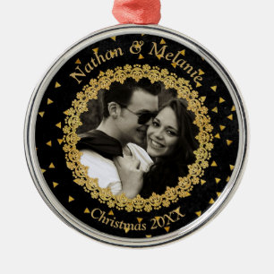 Ornamento De Metal Brilho Preto e Dourado Foto Personalizada