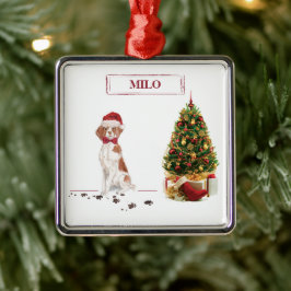 Ornamento De Metal Brittany Funny Christmas Dog and Tree