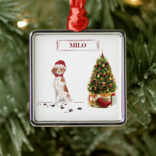 Ornamento De Metal Brittany Funny Christmas Dog and Tree