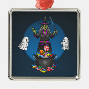 Ornamento De Metal Bruxa Verde e Fantasmas Halloween Doces ou Travess