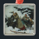 Ornamento De Metal Burnt Village in Winter (por Albert Edelsense)<br><div class="desc">Este design apresenta uma pintura do artista finlandês-sueco Albert Gustaf Aristides Edelsense (1854-1905). Representa uma cena imaginária do tempo da Guerra de Cudgel de 1596-1597, que foi uma revolta camponesa na Finlândia, então parte do Reino da Suecia. Uma família pode ser vista aqui que fugiu da sua aldeia depois de...</div>