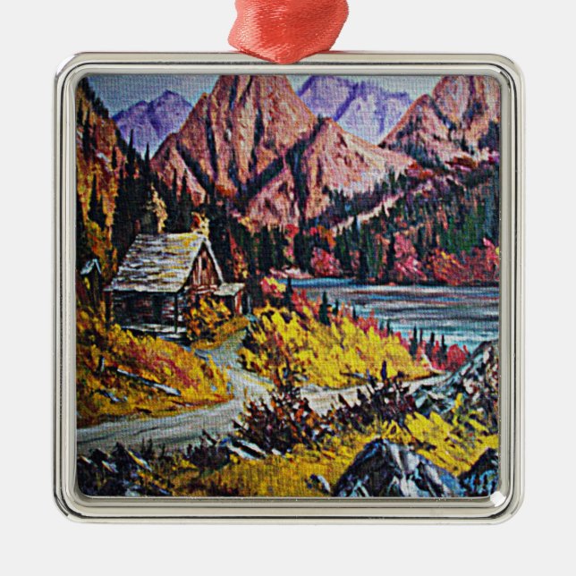 Ornamento De Metal Cabina pelo Lago Oil Painting Ornament (Frente)
