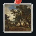 Ornamento De Metal Caçador numa Paisagem Rural (Andreas Achenbach)<br><div class="desc">Esta design apresenta uma pintura do artista alemão Andreas Achenbach (1815-1910), que foi associado ao movimento romântico e à Escola de Arte de Düsseldorf. Mostra um caçador solitário que percorre uma paisagem rural no campo da Alemanha com seu rifle. O caçador está cercado por árvores e campos verdes. Há um...</div>