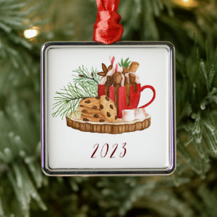 Ornamento De Metal Cacau Quente e Biscoitos para o Papai Noel - Perso
