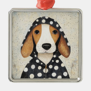 Ornamento De Metal Cachorrinho Beagle Triste com Capuz de Bolinhas