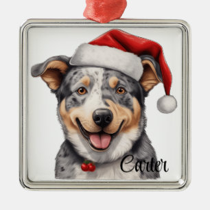ORNAMENTO DE METAL CACHORRO AUSTRALIANO DE NATAL COM CHAPÉU SANTA
