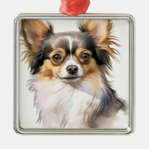 ORNAMENTO DE METAL CACHORRO CHIHUAHUA CHIHUAHUA DE CABELO LONGO CABEL
