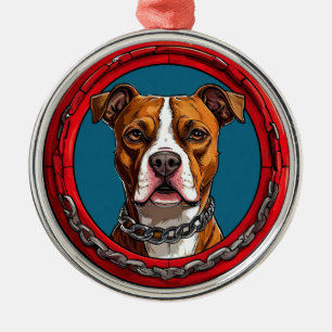 Ornamento De Metal Cachorro em um fundo azul com correntes