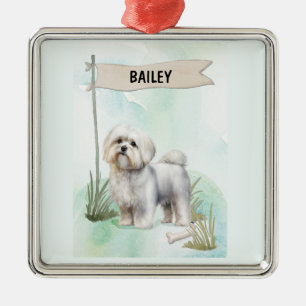 Ornamento De Metal Cachorro Maltês Personalizado em Aquarela