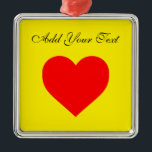 Ornamento De Metal Calor de Coração Vermelho Personalizado<br><div class="desc">Simples coração vermelho quente em fundo amarelo vívido. Ideia gráfica de decoração projetada. Forma estética comumente usada para representar amor, apoio, laços estreitos, amizade e admiração.</div>