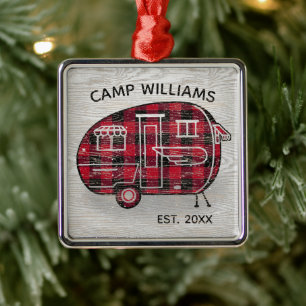 Ornamento De Metal Camper Rustic Red Buffalo Plaid Monogram Holiday