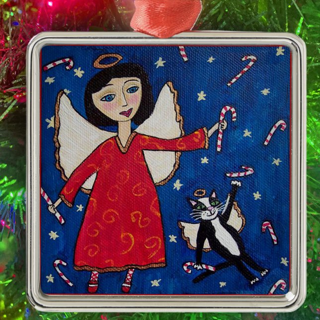 Ornamento De Metal Candy Cane Angel Cat Art de Natal (Angel red dress floating in sky with angel cat and candy canes on Christmas hanging ornament.)