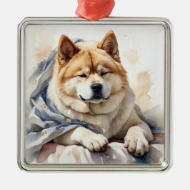 Ornamento De Metal CÃO AKITA DE Aquarela TAN & BRANCO