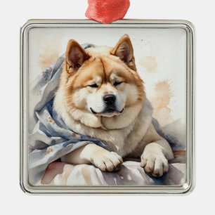 Ornamento De Metal CÃO AKITA DE Aquarela TAN & BRANCO
