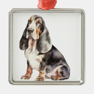 Ornamento De Metal CÃO BASSET HOUND TRICOLOR EM Aquarela