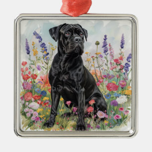 ORNAMENTO DE METAL CÃO CANE CORSO PRETO EM CAMPO FLORAL