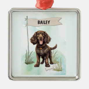 Ornamento De Metal Cão de Água Americano Aquarela Personalizado