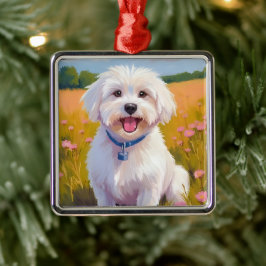 Ornamento De Metal Cão Maltês | Pintura de Estimação de Campo de Flor