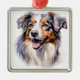 Ornamento De Metal CÃO OVELHEIRO AUSTRALIANO FLUFFY Aquarela
