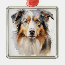 Ornamento De Metal CÃO OVELHEIRO AUSTRALIANO FLUFFY Aquarela