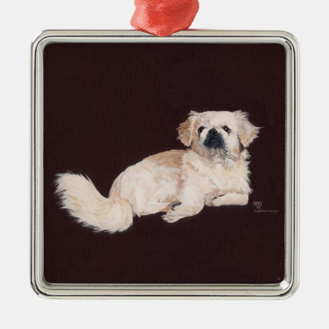 Ornamento De Metal Cão Pequinês Branco (Frente)